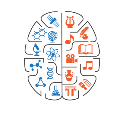 picture of brain split with science and math related icon on the left side and artistic and literary icons on the right